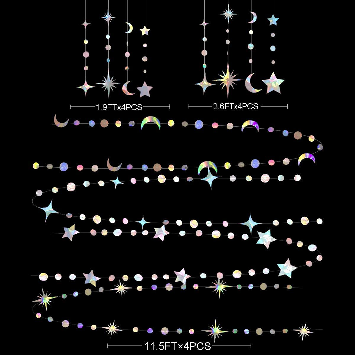 Iridescent Moon Star Polka Dot Garland Holographic Hanging Circle Dot Twinkle Star Streamer Bunting Banner for Birthday Baby Shower Wedding Bridal Shower Ramadan EID Mubarak Party Decorations Supplies