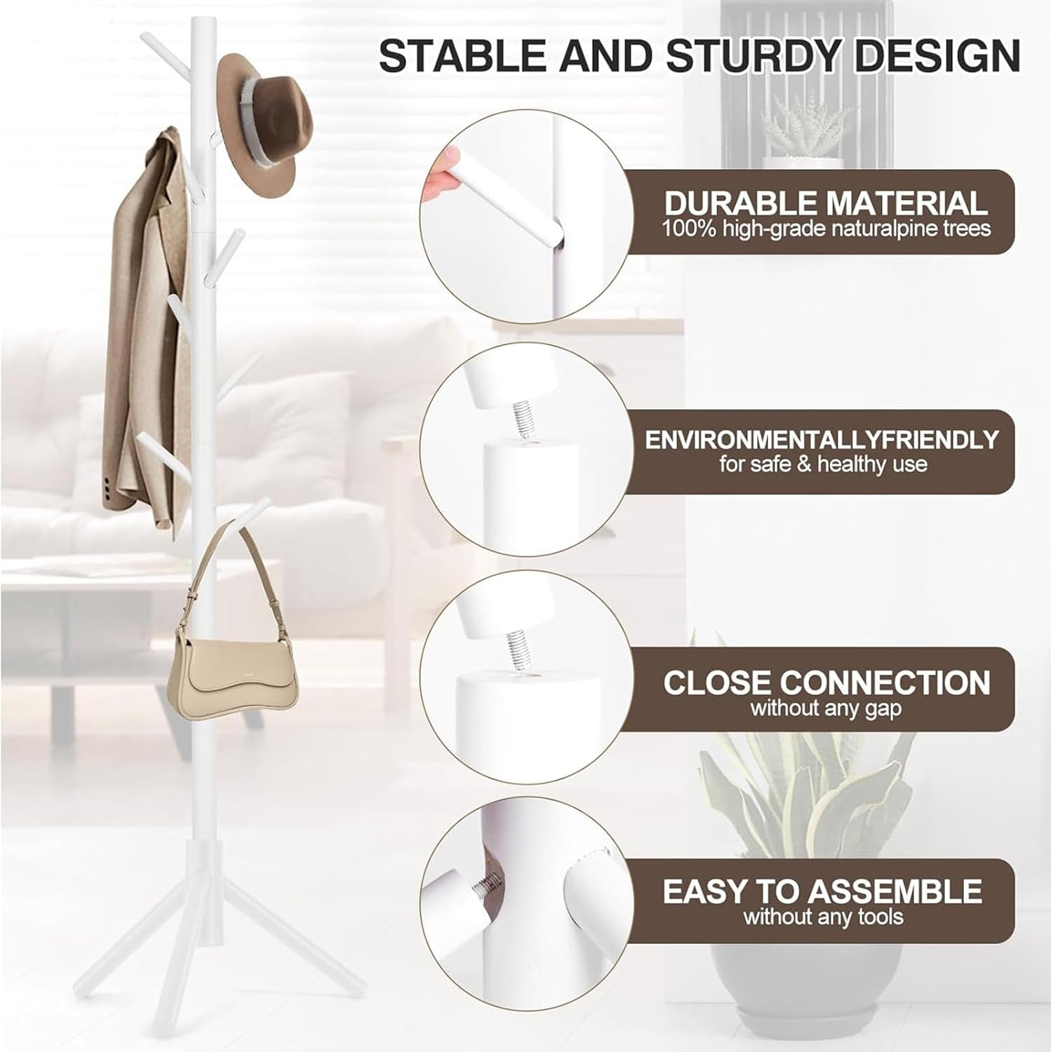 Uandhome Coat Racks Free Standing, Sturdy Wooden Coat Tree with 8 Hooks and Adjustable Size Coat Hanger Standing Tree for Coats, Hats, Scarves and Handbags for Entryway, Hallway, Bedroom, Office image number 4