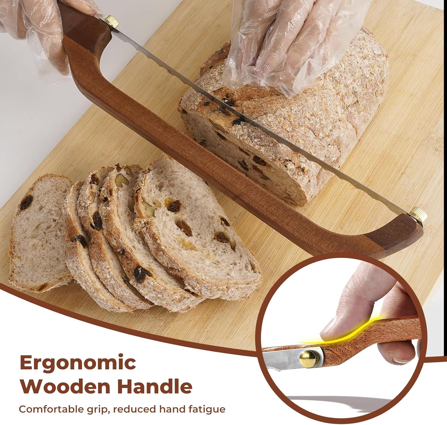 Sourdough Bread Knife for Homemade Bread - Wooden Bread Slicer with Bow Design - Premium Stainless Steel Serrated Saw Bread Cutter for Bagels, Baguettes Vegetables Fruits image number 6