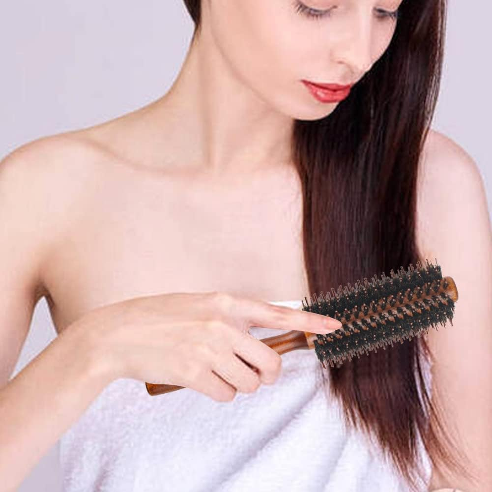 Round Boar Mane Hair Wooden Handle Brush, 2Pcs round Hair Brush Boar Bristle Hair Brushes,Wooden Handle round Bristle Styling Brush, Wooden Boar Bristle round Brush,Boar Bristle Brush round Hair Brush image number 4