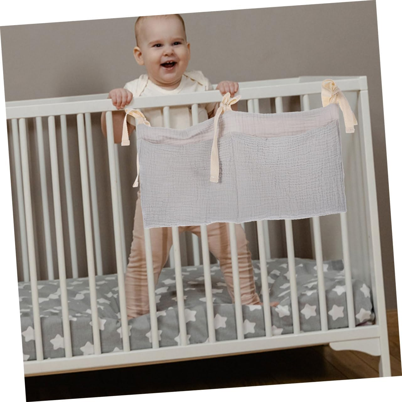 2Pcs Bedside Organizer Soft Cotton Crib Storage Bag with Dual Pockets Care for Efficient Toy and Supply Management Grey image number 6