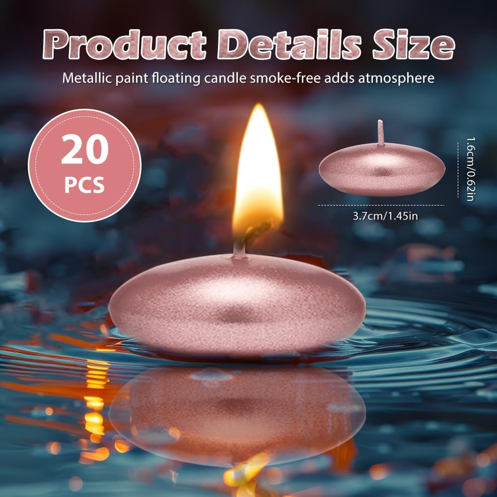 Pack of 20 Floating Candles Metal Candles Rose Gold Unscented Floating Candles Metallic 37 Mm Decorative Floating Candles for Wedding Pool Parties Spa Bathtubs Valentine'S Day Christmas Decoration image number 2