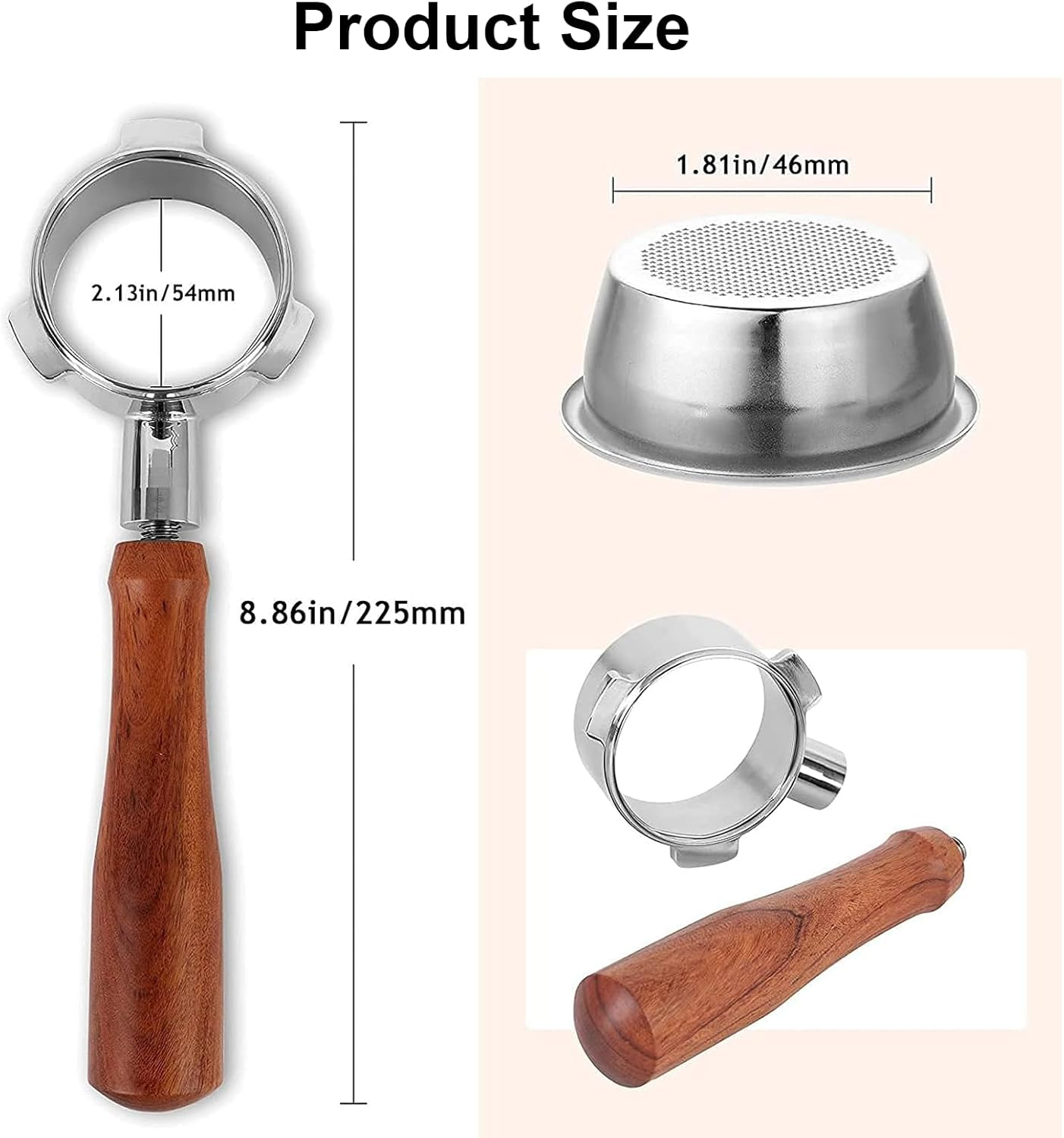 54Mm Bottomless Portafilter with Walnut Handle, Compatible with Breville 8 Series, Bambino, Delonghi EC680/685, CASABREWS, Mr. Coffee &ndash; Includes Filter Baskets, Puck Screen, Spoon & Brush (M) image number 5