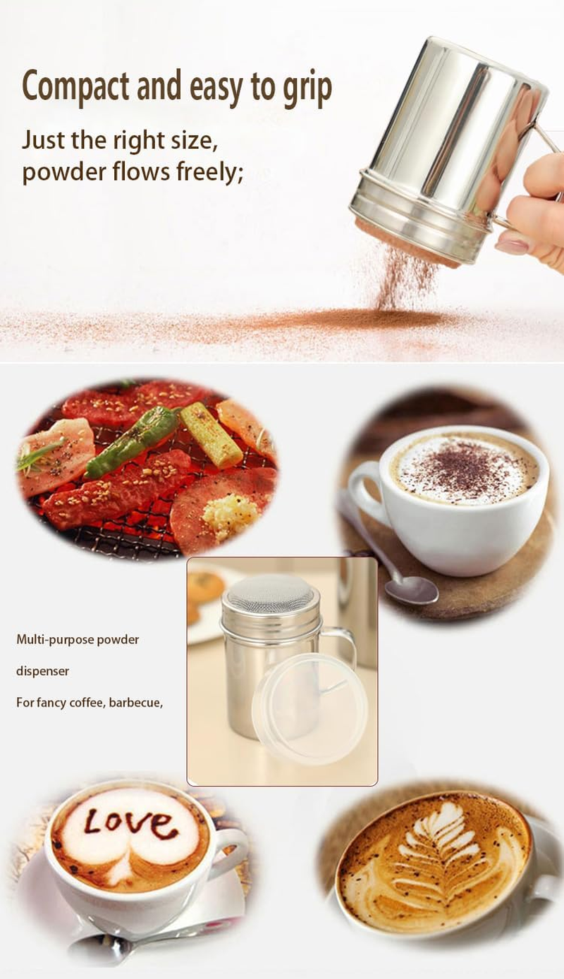 Stainless Steel Powder Shakers, Mesh Shaker Powder Cans for Coffee Cocoa Cinnamon Powder with Lid, with 16 Pcs Printing Molds Stencils