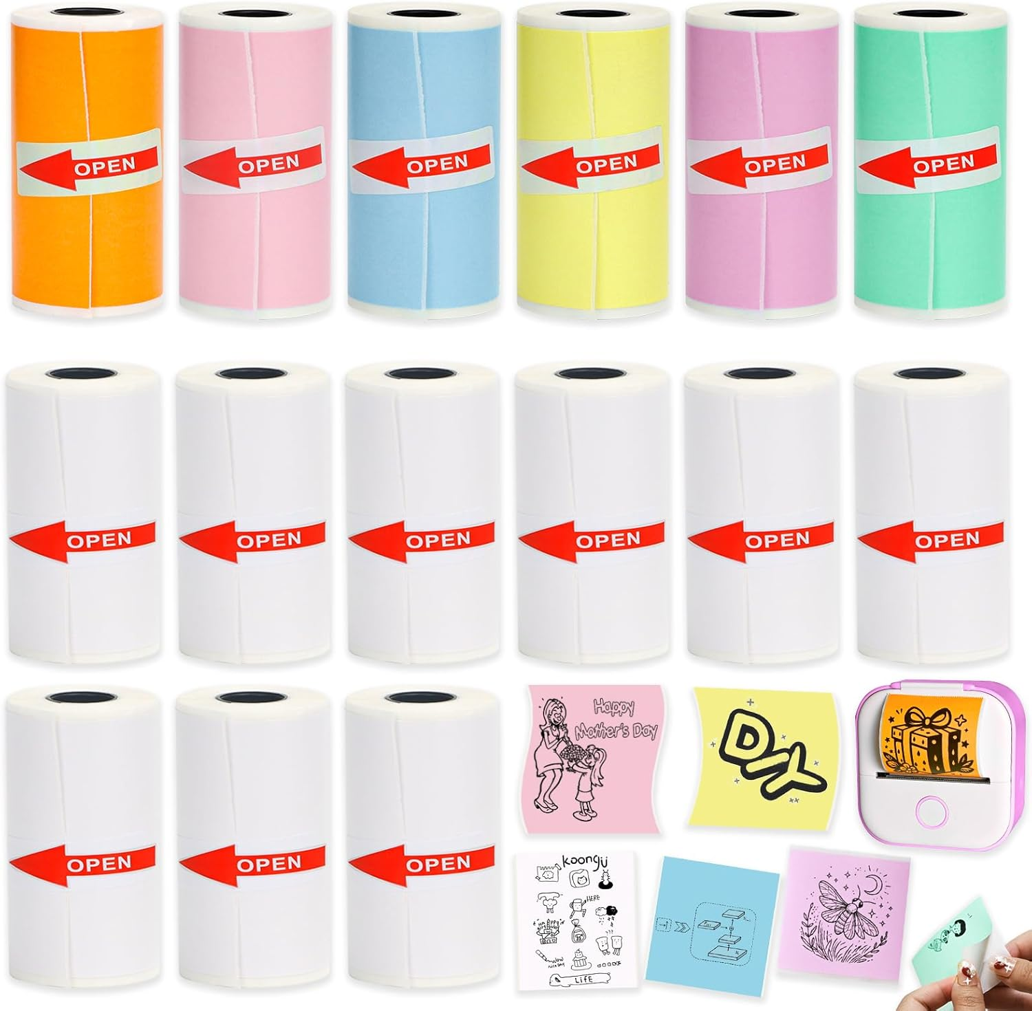 Rifanda 15 Rolls Thermal Sticker Paper 53X28Mm for Phomemo T02/M02/M02S/PRO Mini Printers, 3.75M Mini Colorful Self-Adhesive Mini Printer Paper for Memoking Mini Printer, Study Notes, Journals, Photos image number 3