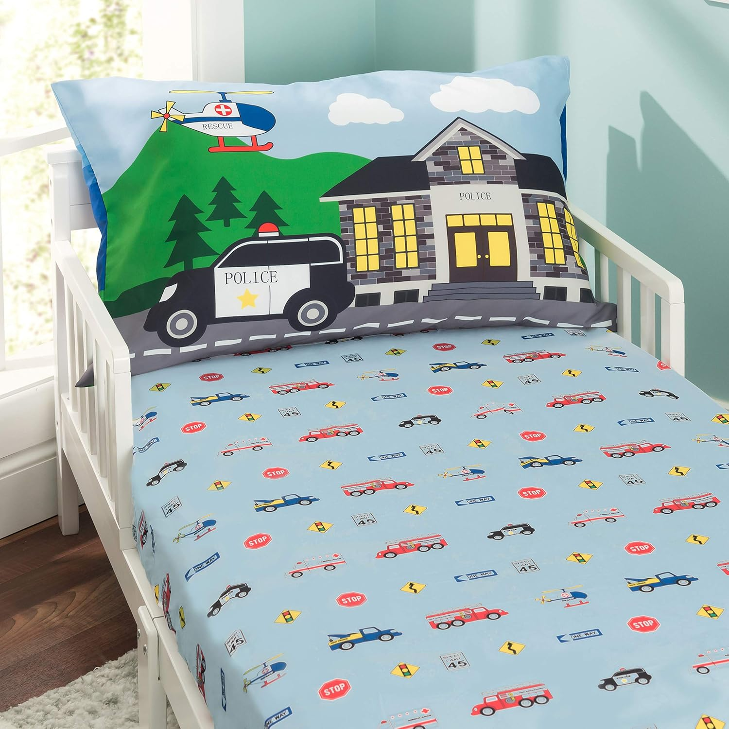 Everyday Kids 4 Piece Toddler Bedding Set -Fire and Police Rescue- Includes Comforter Flat Sheet Fitted Sheet and Reversible Pillowcase