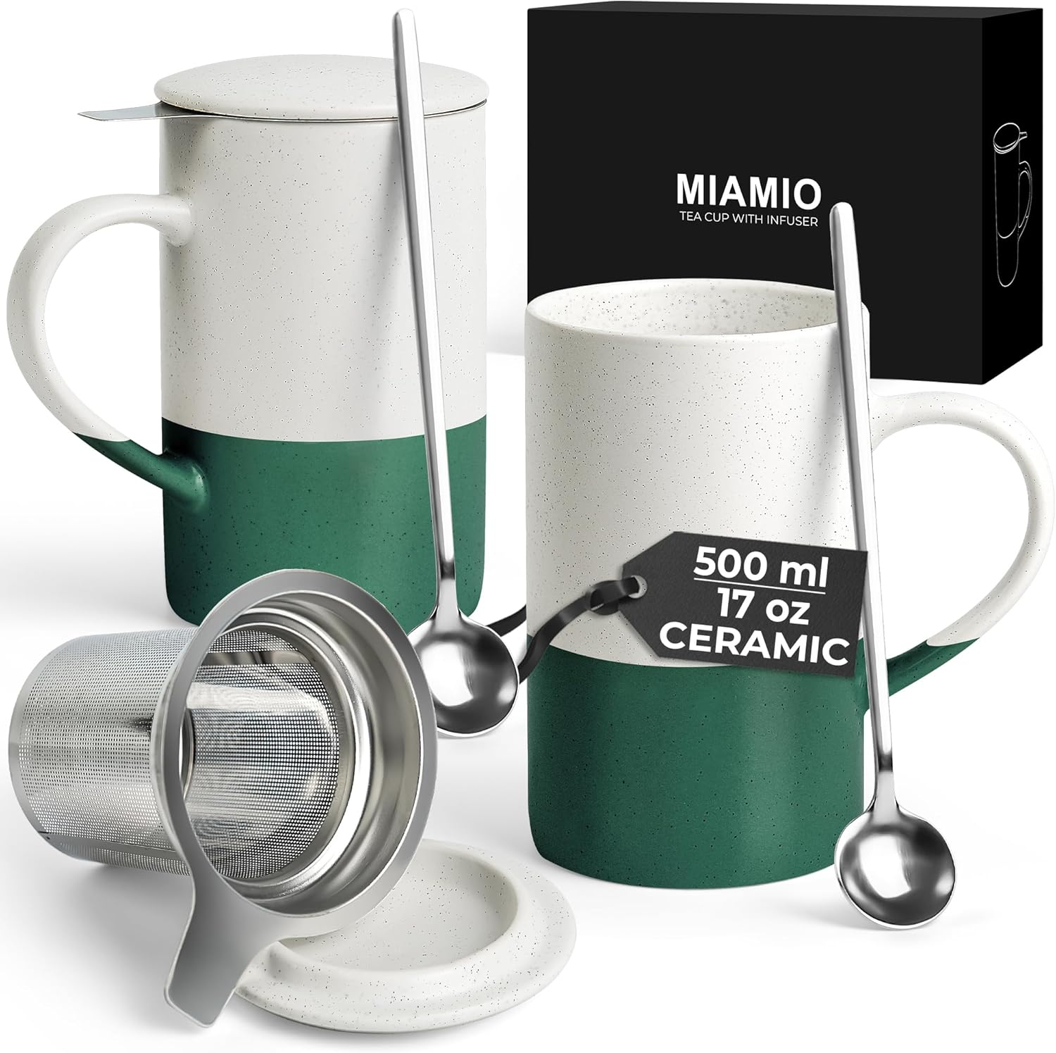 MIAMIO - Tea Cup Set 2 X 500 Ml with Infuser and Lid/Ceramic Tea Mug with Infuser and Spoon for Steeping Loose Leaf Tea, Gifts for Tea Lovers - Microwave & Dishwasher Safe (Blue)