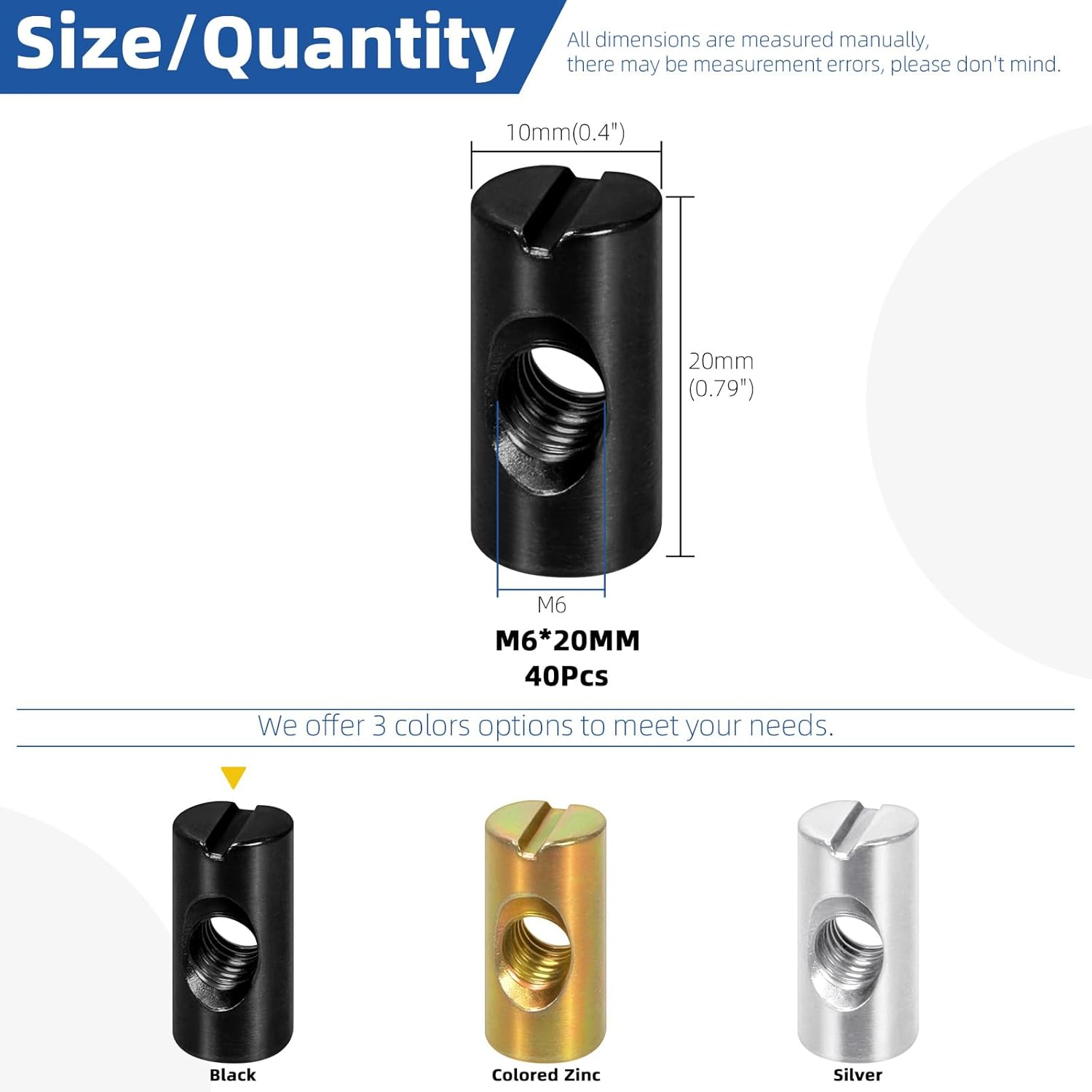 Glarks 40Pcs M6 X 20Mm Black Barrel Cross Dowels Slotted Nut, Heavy Duty Barrel Nut, Hammer Embedded Nut for Furniture Screws, Beds, Crib, Chairs, Hardware Replacement image number 4