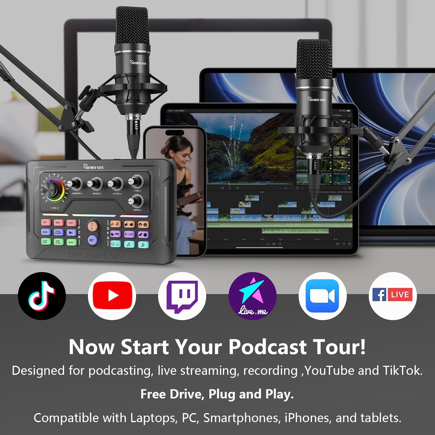 Podcast Equipment Bundle for 2, Audio Mixer with 3.5Mm Podcast Microphone, Voice Change DJ Mixer for Live Streaming Singing Gaming (P900) image number 5