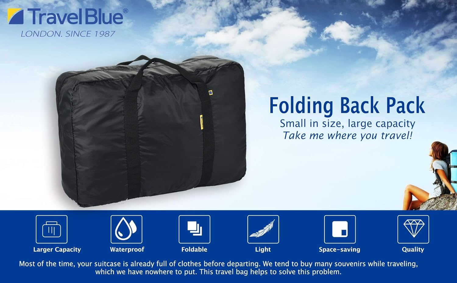 Ravel Blue Foldable Duffle Bag &ndash; Lightweight 16L, 30L, 48L & 60L Holdall &ndash; Compact Bag for Men & Women, Gym, Shopping & Overnight Use &ndash; Durable Polyester with Trolley Strap (Black, Large (48L)) image number 3