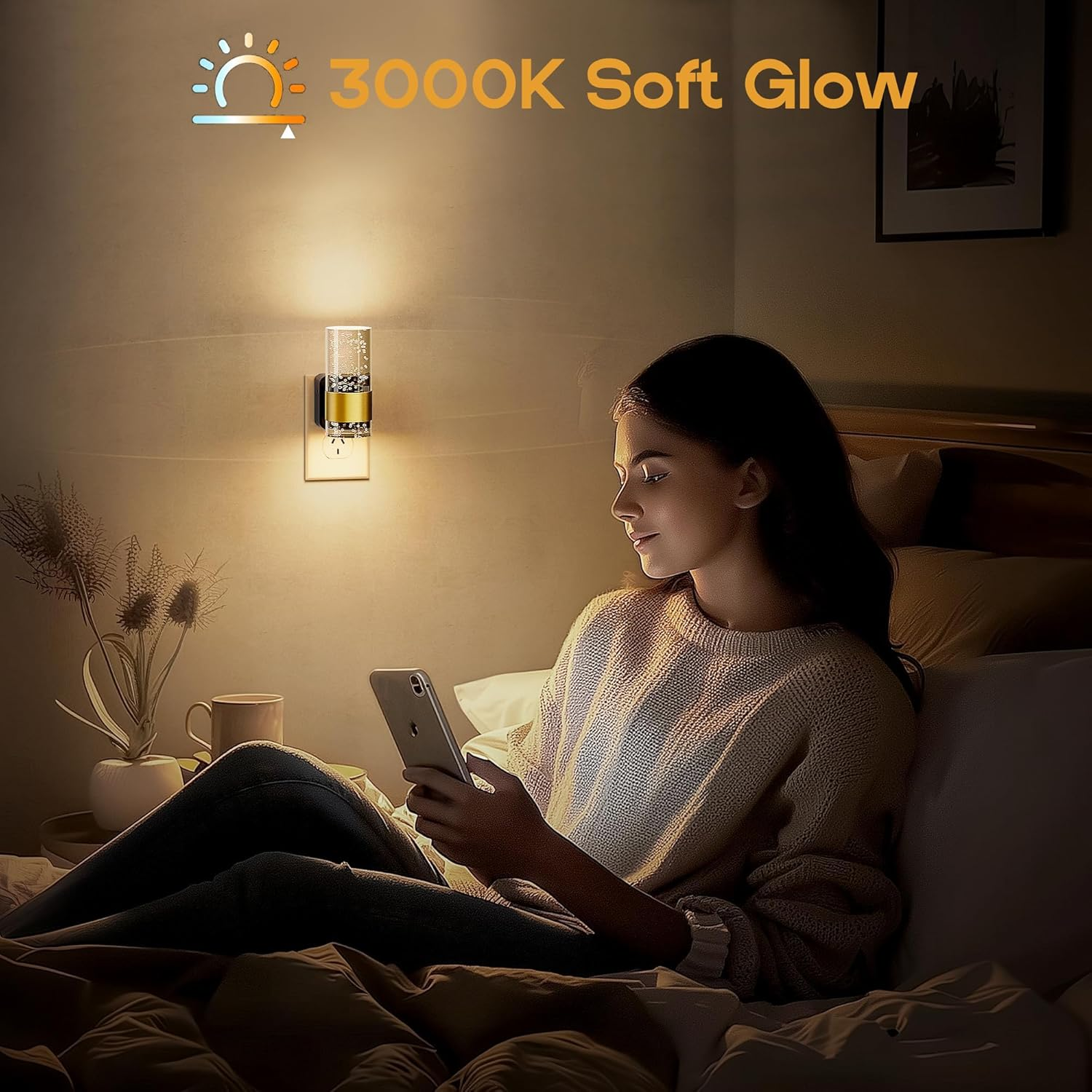 Night Lights Plug into Wall, 2 Pack 3000K Dimmable Nightlight with 0-100 LM Adjustable Brightness, Modern Automatic Plug in Night Light with Light Sensor for Hallway Bedroom image number 2