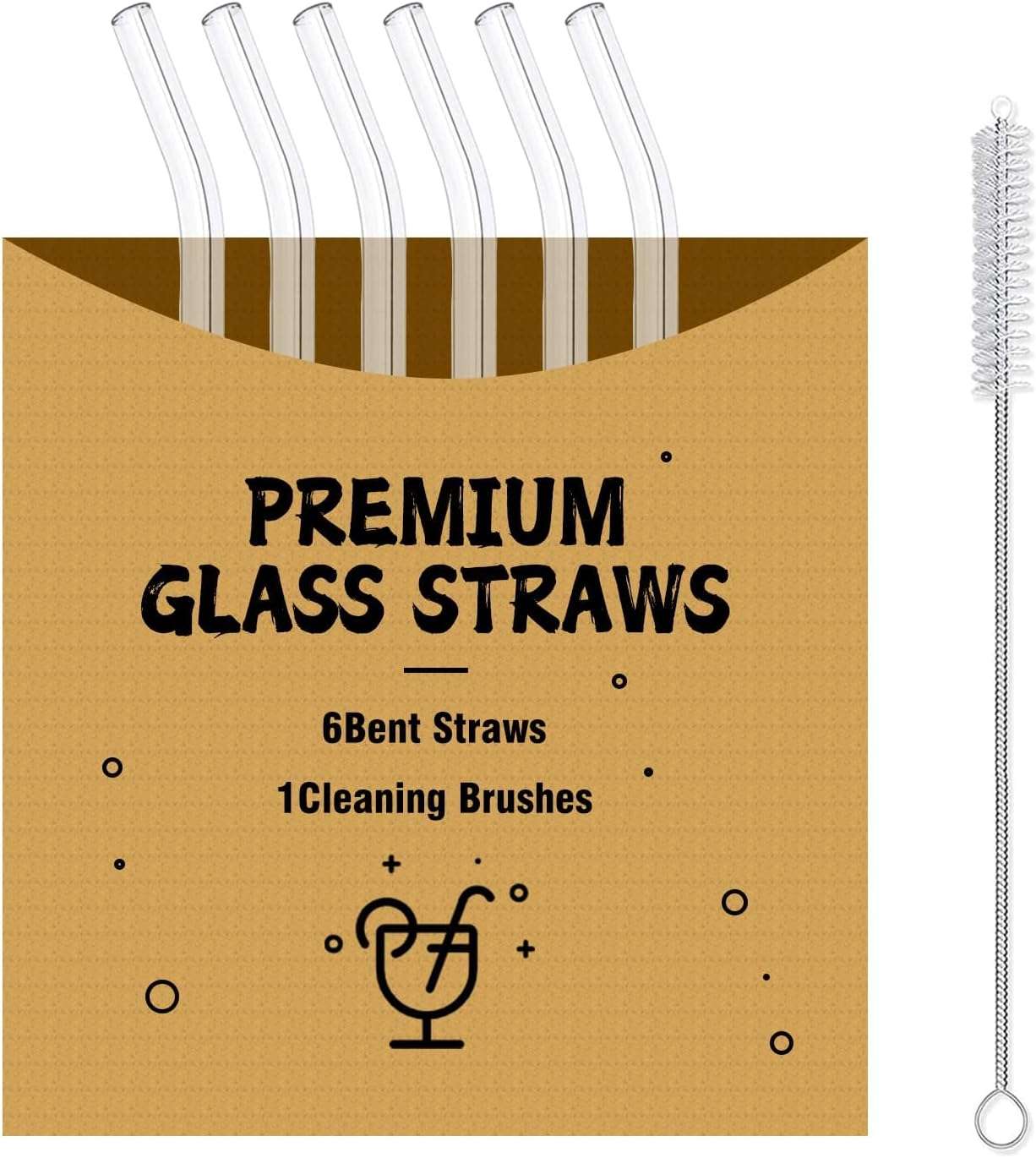 DAMCONME Glass Straws 6 Pack, Reusable Clear Drinking Straws-6 Bent Straws with 1 Clean Brush-Plastic-Free Cleaning Brush - Dishwasher Safe -Suit 16 Oz Glass Cup for Smoothies Cocktails Mojito Ect image number 2