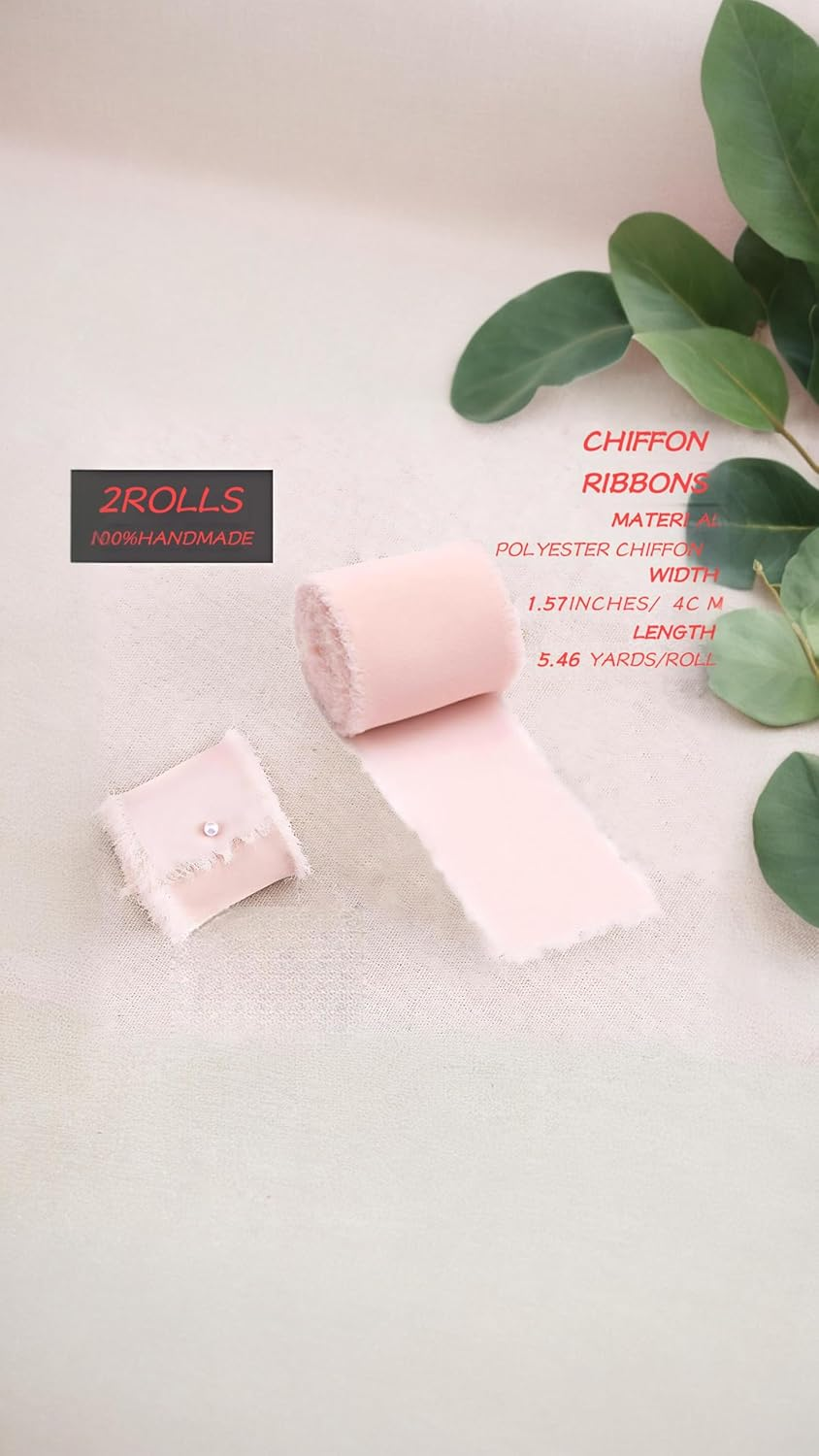 Honwor Handmade Fringe Ribbon Bundle - 2 Rolls, 4Cm X 5M Pink Chiffon & Rose Pink Cotton, for Elegant Wedding Decor, Gifts & DIY Crafts image number 6