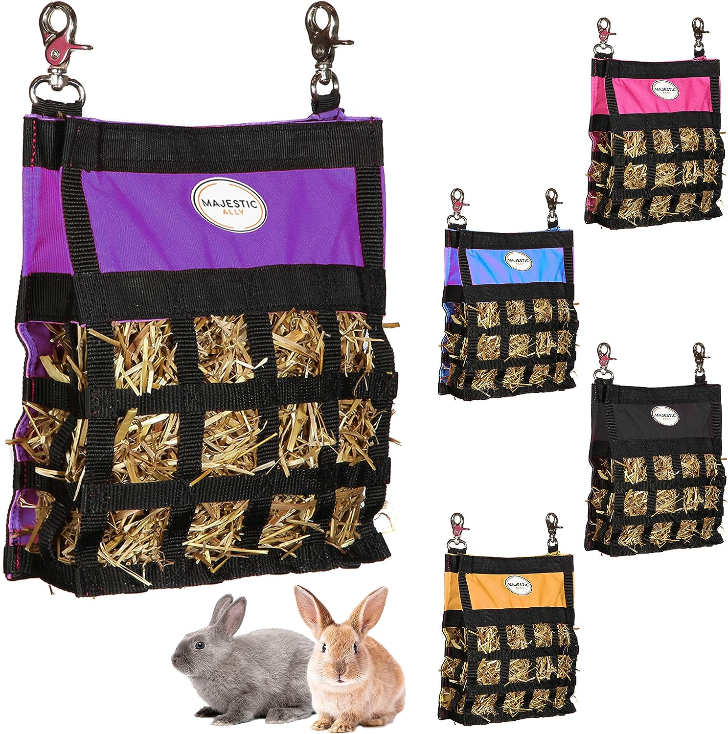 Majestic Ally Guinea Pig Hay Feeder &ndash; Rabbit Hay Feeder &ndash; Premium Quality Highly Durable Nylon &ndash; Three Side Open Slow Feed Hay Bag for Small Animals &ndash; 5 Lovely Colors (Orange)