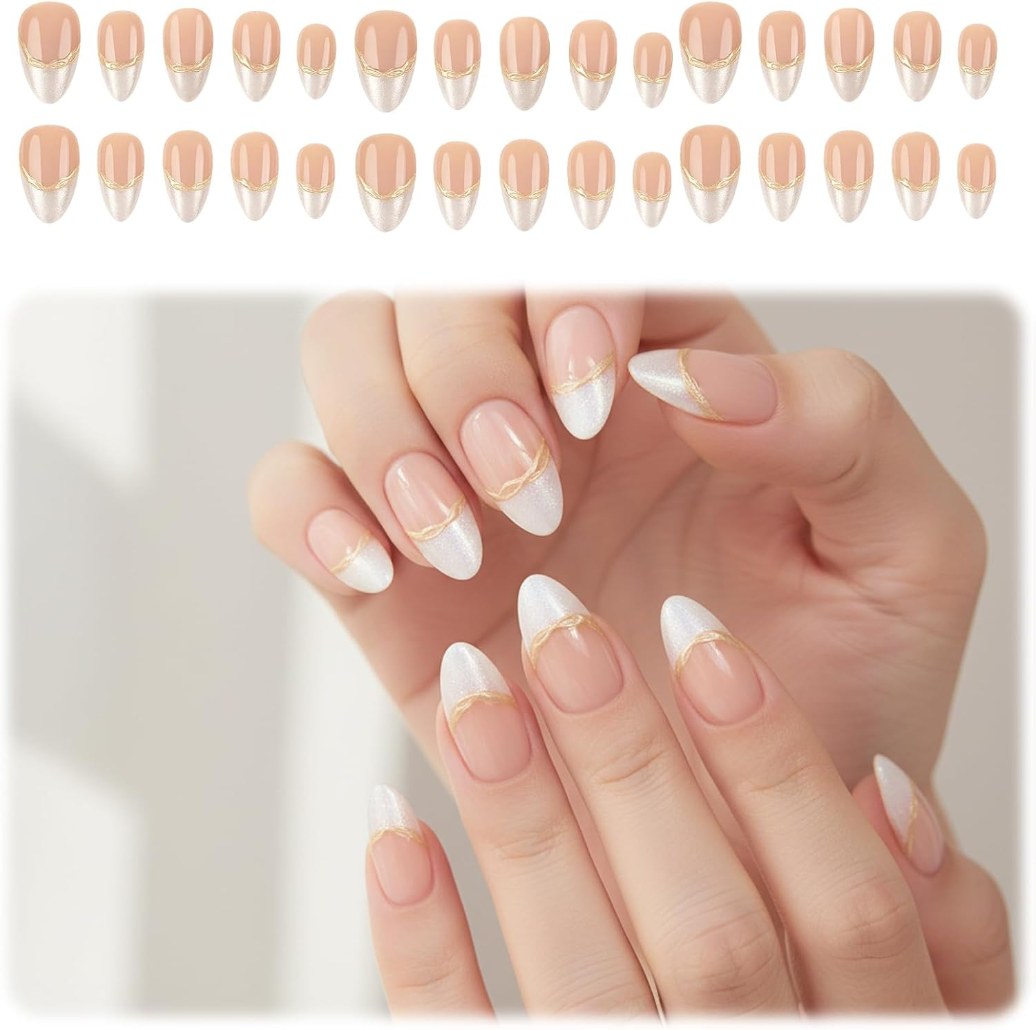 Press on Nails, French Tip with Gold Accents, 30 Piece Set with Jelly Adhesive Tabs, Salon-Quality Fake Nails for Women, Easy Application at Home image number 3