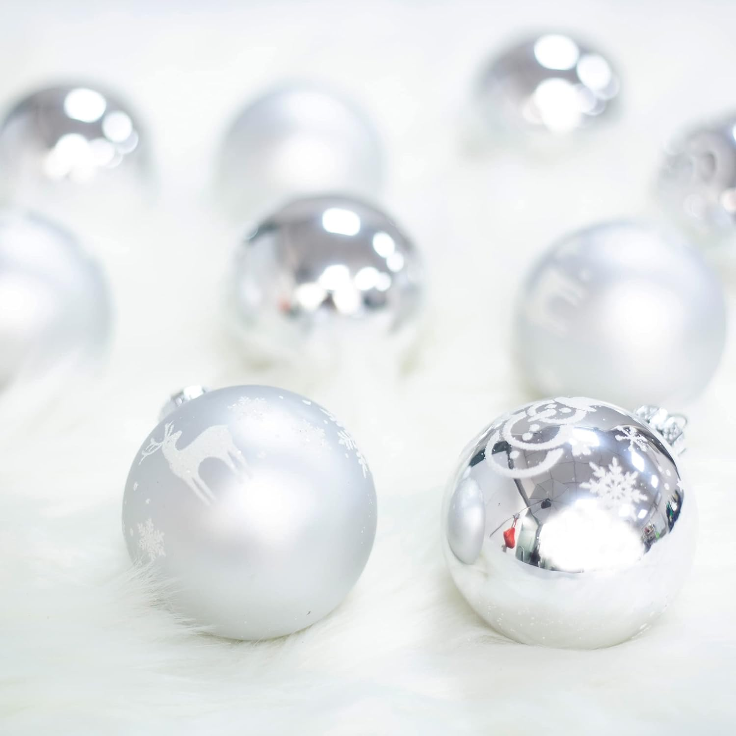 Amooca Christmas Colorful Glass Balls Decoration Festival Party Home Decors Holiday Xmas Tree Hanging Ornaments Set 9Pc 2.65In Silver Snowman & Reindeer Printing image number 6