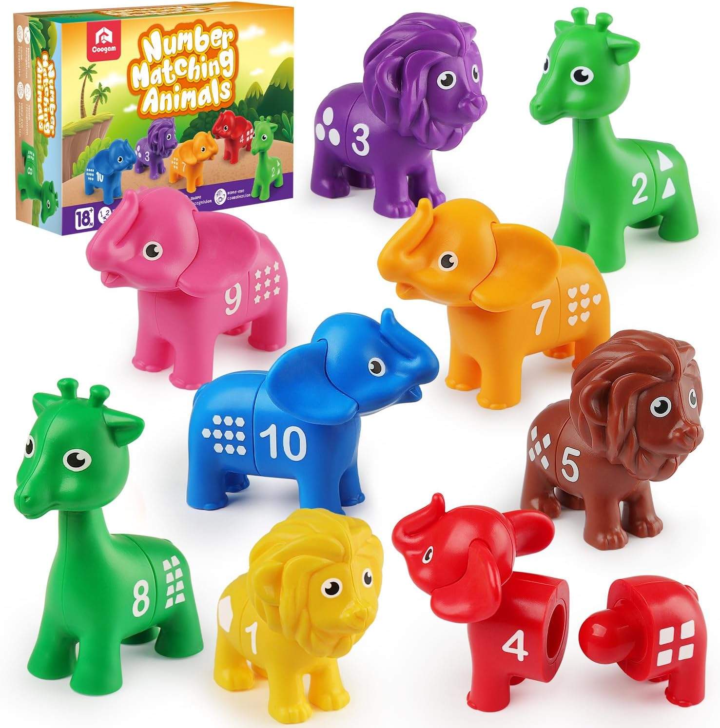 Coogam Number Matching Toy Set, 10Pcs Double-Sided Animal Number Counting Game, Preschool Montessori Fine Motor Skill Mathematics Educational Toys for 3 4 5 Year image number 2