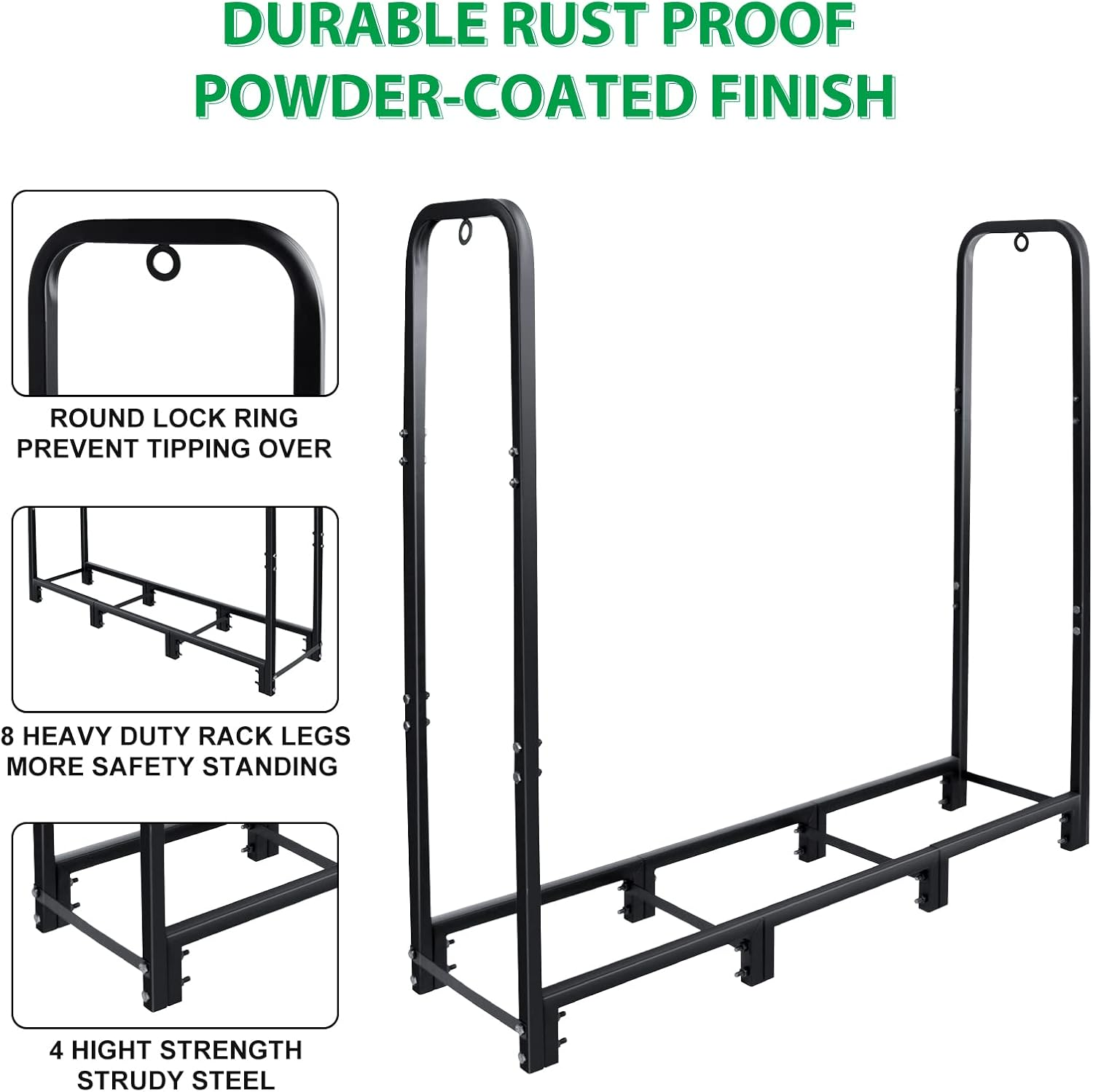 CONNOO 4Ft Firewood Rack Stand Heavy Duty Firewood Log Rack Holder Fireplace Wood Storage Holder for Indoor Outdoor Metal Pile Log Stand Stacker Holder, Matte Black image number 1