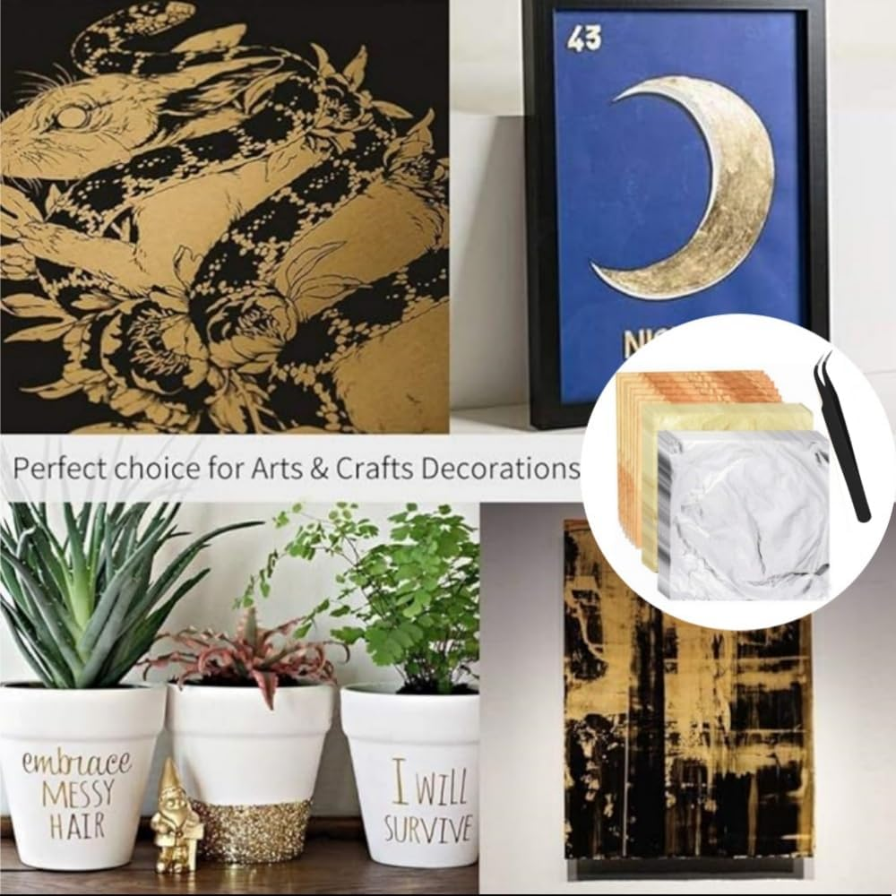 Gold Leaf Sheets for Art, 100 Sheets, Gold/Silver/Rose Gold, with Tweezer for Crafts, Resin, Nails (Rose Gold) - Sliver image number 3