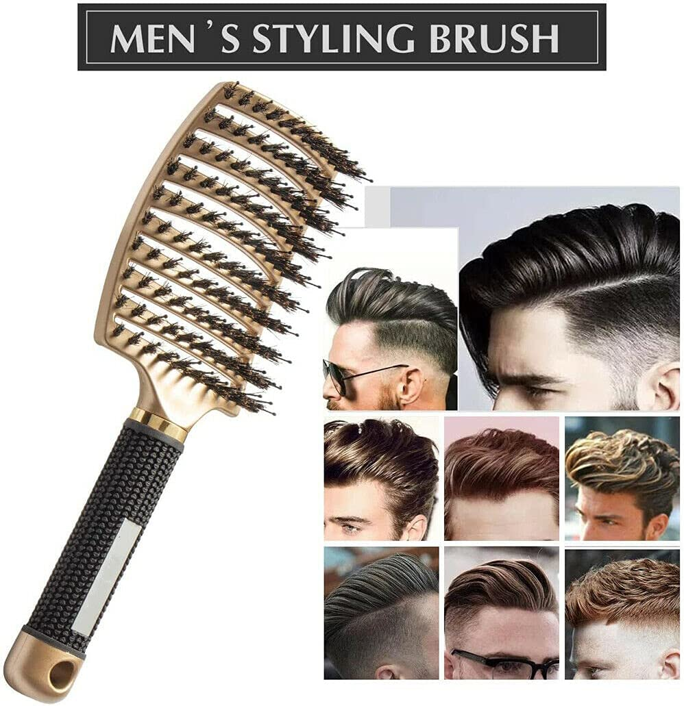 Women Men Detangling Nylon Boar Bristle Brush Hairbrush Head Scalp Massage Comb (Black) (Black) - Black image number 3