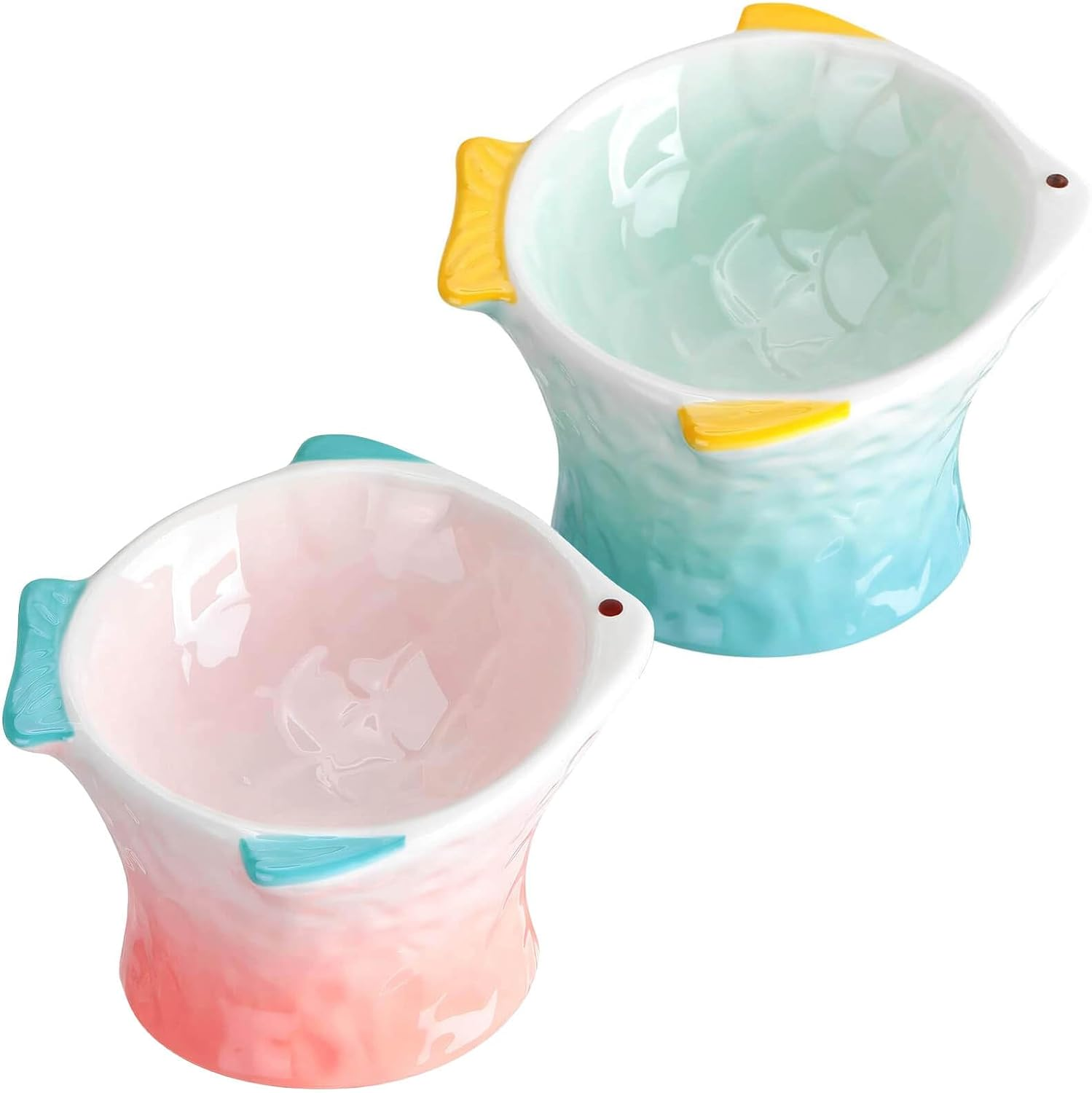 Ceramic Raised/Elevated Cat Food Bowl Set of 2,Ergonomic Cat Feeding Bowls Whisker Friendly,Cute Fish Shape Cat Food and Water Bowl Tilted Cat Bowls for Indoor Cats (Pink, Green) image number 2