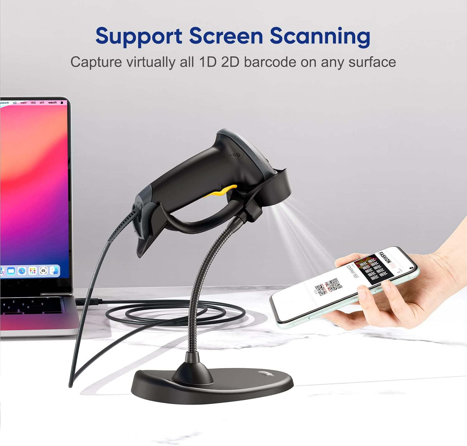 Eyoyo Handheld 2D Barcode Scanner with Gooseneck Stand, Automatic USB Wired QR Code Scanner Bar Code Reader Support Screen Scanning for PC POS System Library Store Supermarket Check-Out, Inventory&hellip;