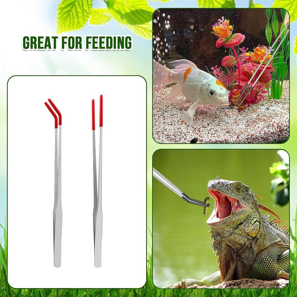 QOOWFEANIG 2Pcs Stainless Steel Reptile Feeding Tongs - 10.6" Straight & Curved Tips with Rubber Grip, Aquarium Tweezers for Snakes, Bearded Dragons, Lizards, Aquascaping Tool&Tank Accessories,Red image number 4