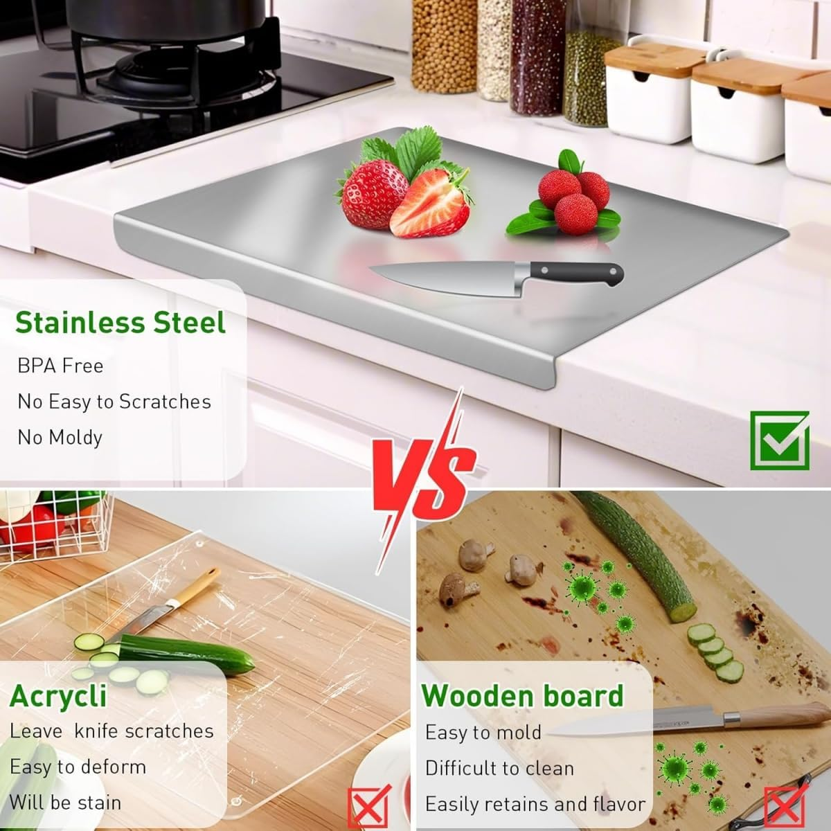 Stainless Steel Chopping Board with Lip for Kitchen, Lipped Stainless Steel Cutting Board, Large-Sized Cutting Board for Meat, Fruits, Vegetables, Bread, 40&times;50 Cm