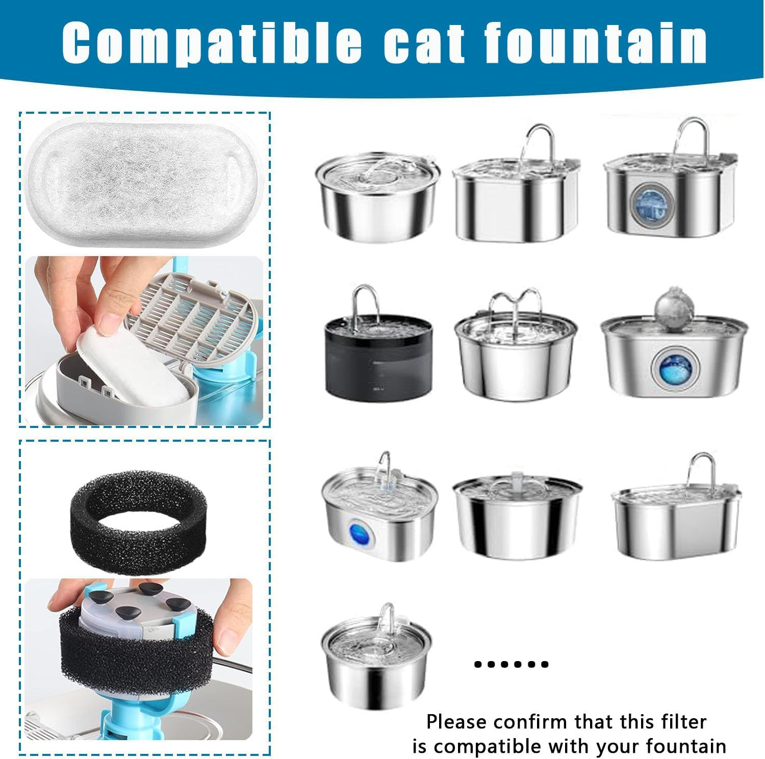 Cat Water Fountain Filters,16 Pack Cat Fountain Replacement Filters for Stainless Steel 67Oz/2L Adjustable Water Flow Pet Water Fountain,Dog Water Fountain (8+8 Pack) image number 5
