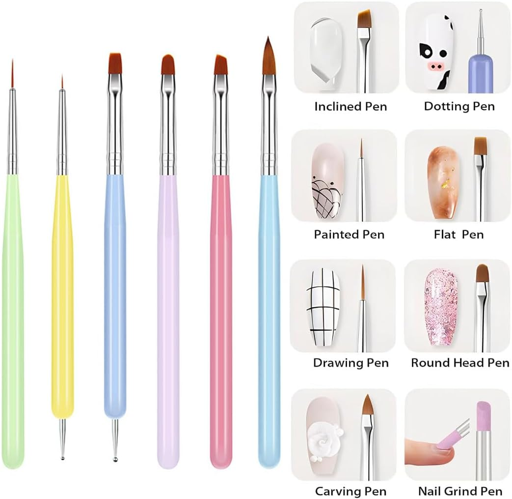 YOCDNOV 6 Pieces Nail Brushes - Acrylic Nail Brush, Nail Brushes for Decoration, Nail Art Design Dotting Pen Nail Brush, Double Sided Nail Tools, for Nail Design and DIY image number 2