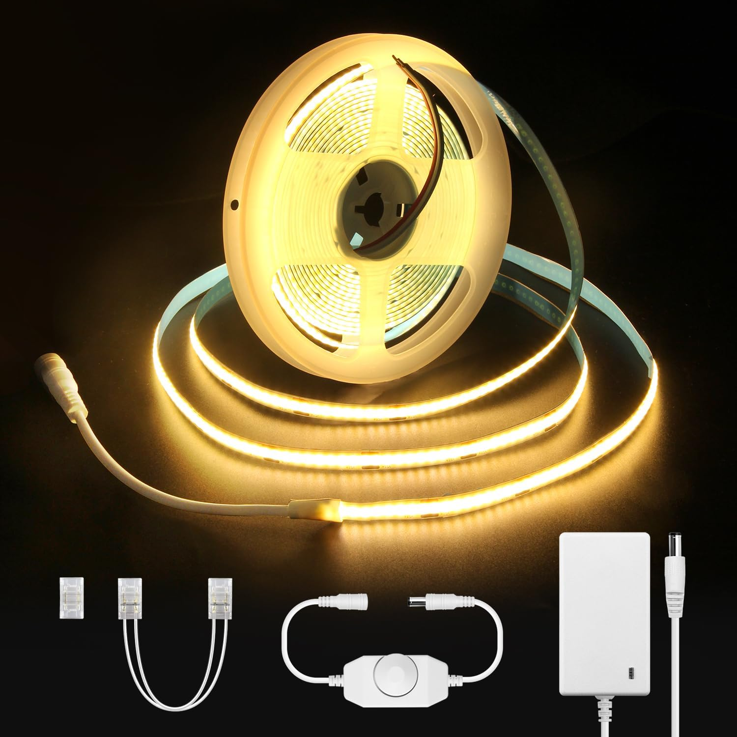 ALITOVE 10M COB LED Strip Lights Kit with Dimmer and Power Adapter Warm White 3000K Uniform Glow 320Leds/M LED Tape Light Flexible LED Lights for Bedroom Home Cabinet Indoor Decoration(Au Plug)