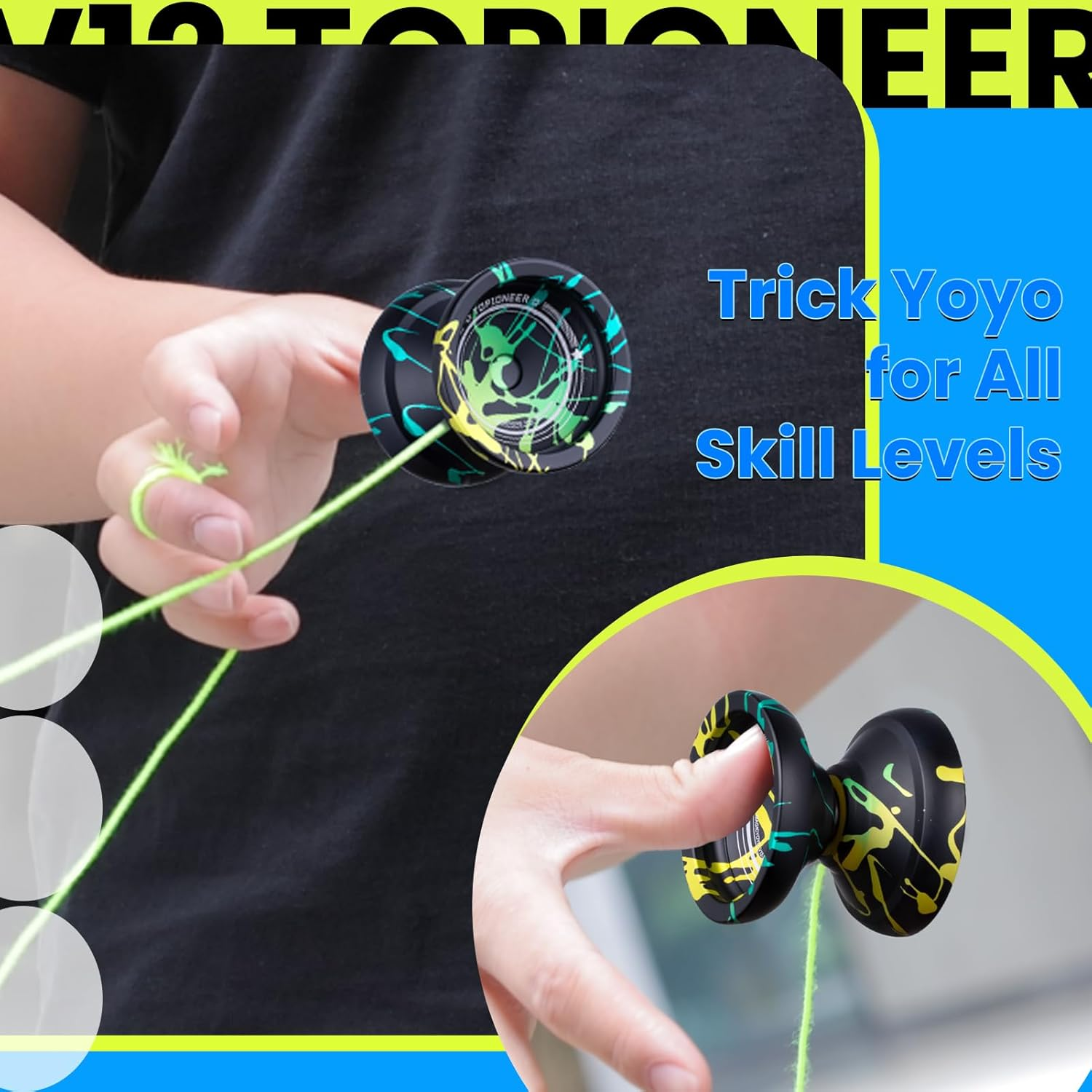 MAGICYOYO V12 Yoyo Professional Responsive Yoyo for Kids 8-12, Unresponsive Yo Yo for Adults, Dual Function Fingerspin Trick Yoyo with 12 Yoyo Strings + Yo-Yo Accessory Kit (Black Green Cyan) image number 2