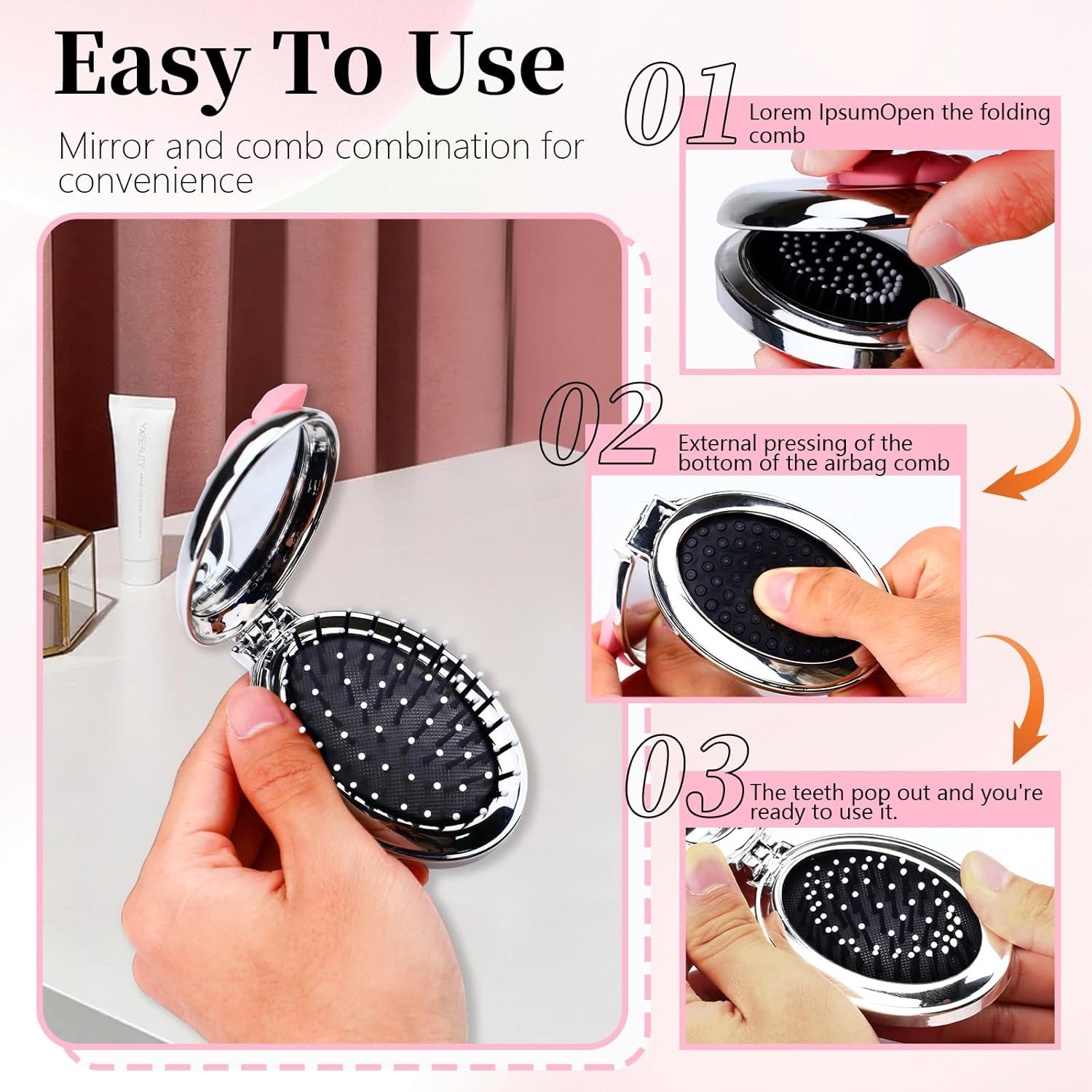 Yitexin 3 Pack Travel Size Folding Hair Brush with Pocket Mirror, Foldable Small Hairbrush for Women Men, Compact Paddle Brush Air Cushion Comb for Detangling Massage (Bowknot, 2 Colors) image number 1