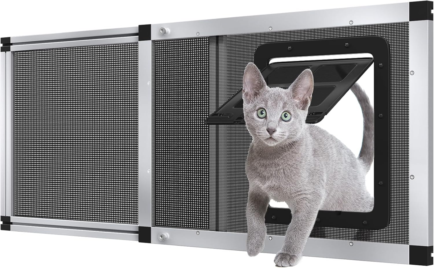 Adjustable Aluminum Pet Door for Window 31.7"-39.3" Wide, 4-Way Lock & Magnetic Closure Window Cat Door,No-Tool Cat Window Door Insert,Cat Door for Window with Steel Alloy Screen,Ventilation Bug-Proof