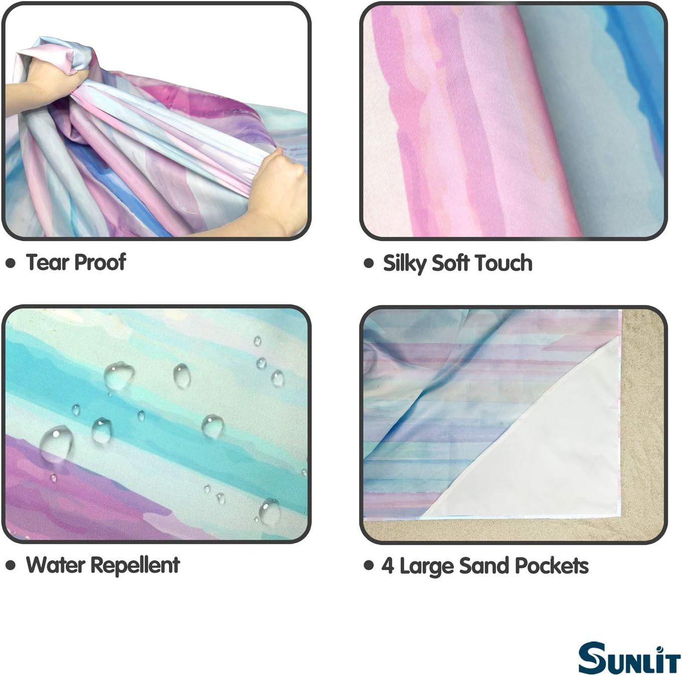 Sunlit Sand Proof Beach Blanket Sand Proof Mat with Corner Pockets and Mesh Bag 7' X 9' for Beach Party, Travel, Camping and Outdoor Music Festival, Watercolor Painting, Macaron Blue and Pink image number 4