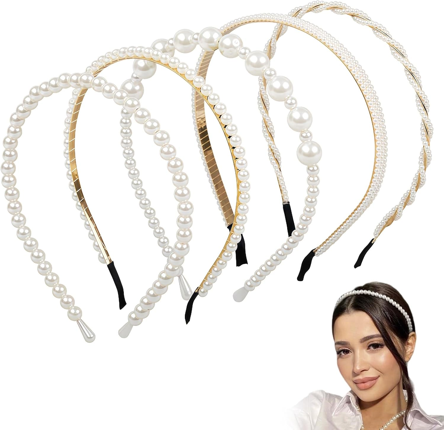 Evadollina Women'S Headbands, Pack of 5 Headbands, Pearl Headbands for Women, Non-Slip White Pearl Hair Bands, Headbands for Girls and Women, for Festivals and Parties