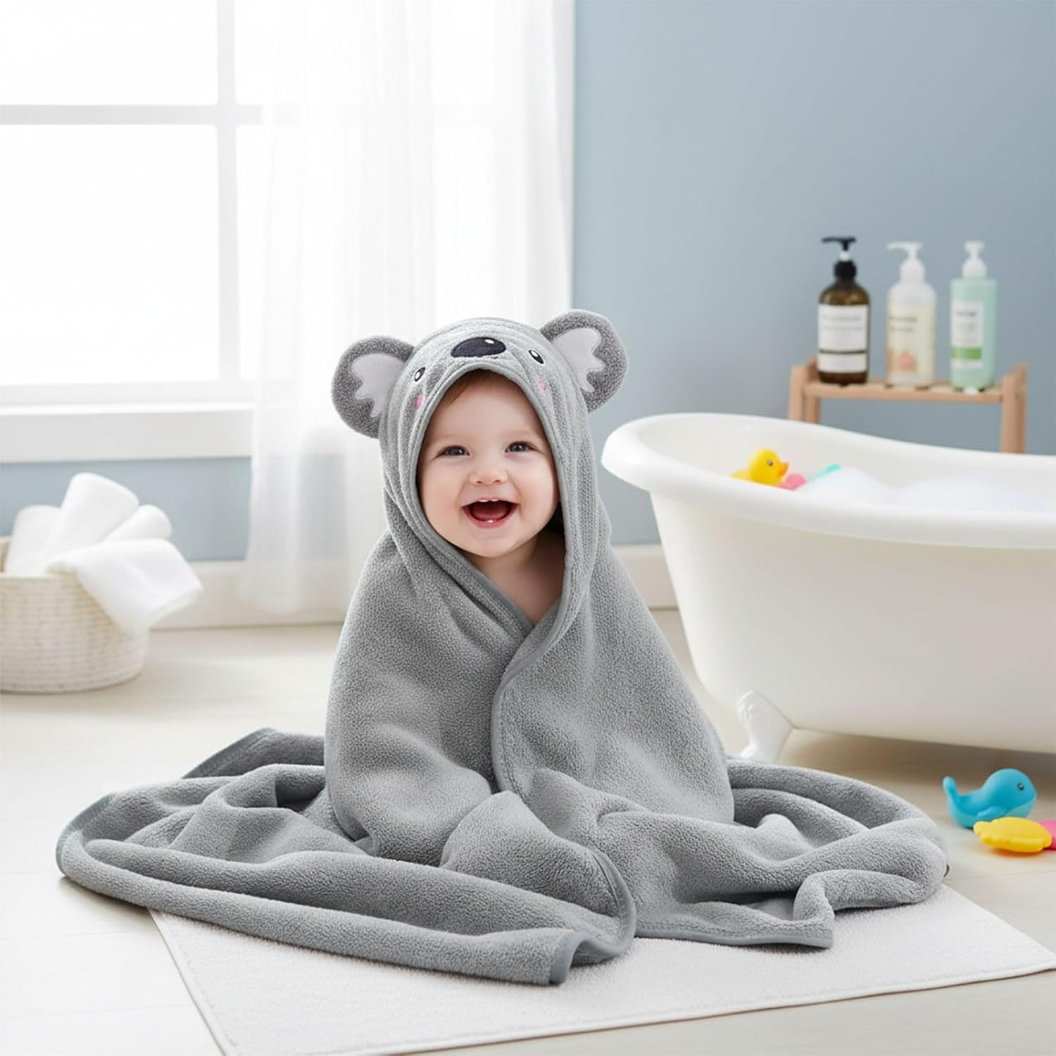 Baby Hooded Towel Koala Design, Soft Coral Fleece Baby Bath Towel 80 X 80 Cm for Newborn Essential Gift, Machine Washable, by CRFY image number 2
