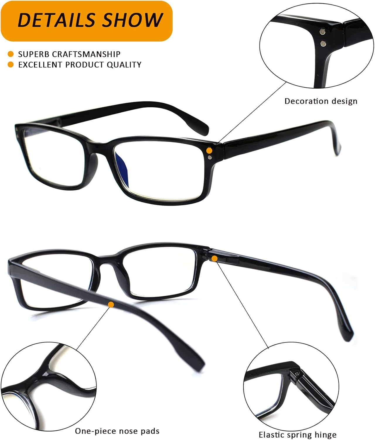 READING GLASSES 4 Pack Spring Hinge Comfort Readers Plastic Includes Sun Readers (2 Black 2 Tortoise, 4.50) image number 3
