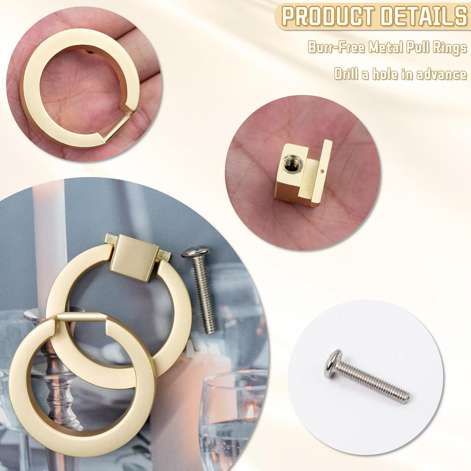 4 Pack Cabinet Knobs, Gold Drawer Pulls, Ring Pulls for Dresser Gold Cabinet Pulls, Brushed Gold Cabinet Knobs for Cupboard Wardrobe (Gold) image number 6