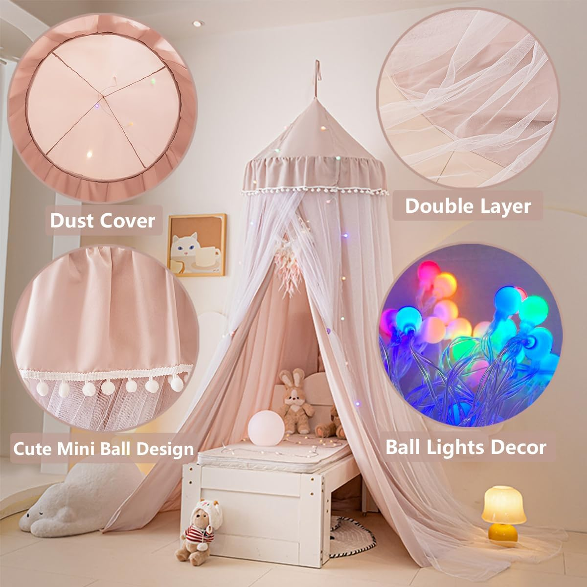 Bed Canopy for Kids Room, Double Layer Mosquito Net with Lights Hanging Play Tent Child Reading Nook round Dome Canopies Princess Castle Dreamy Bedding for Crib Girls Room House D&eacute;cor image number 1