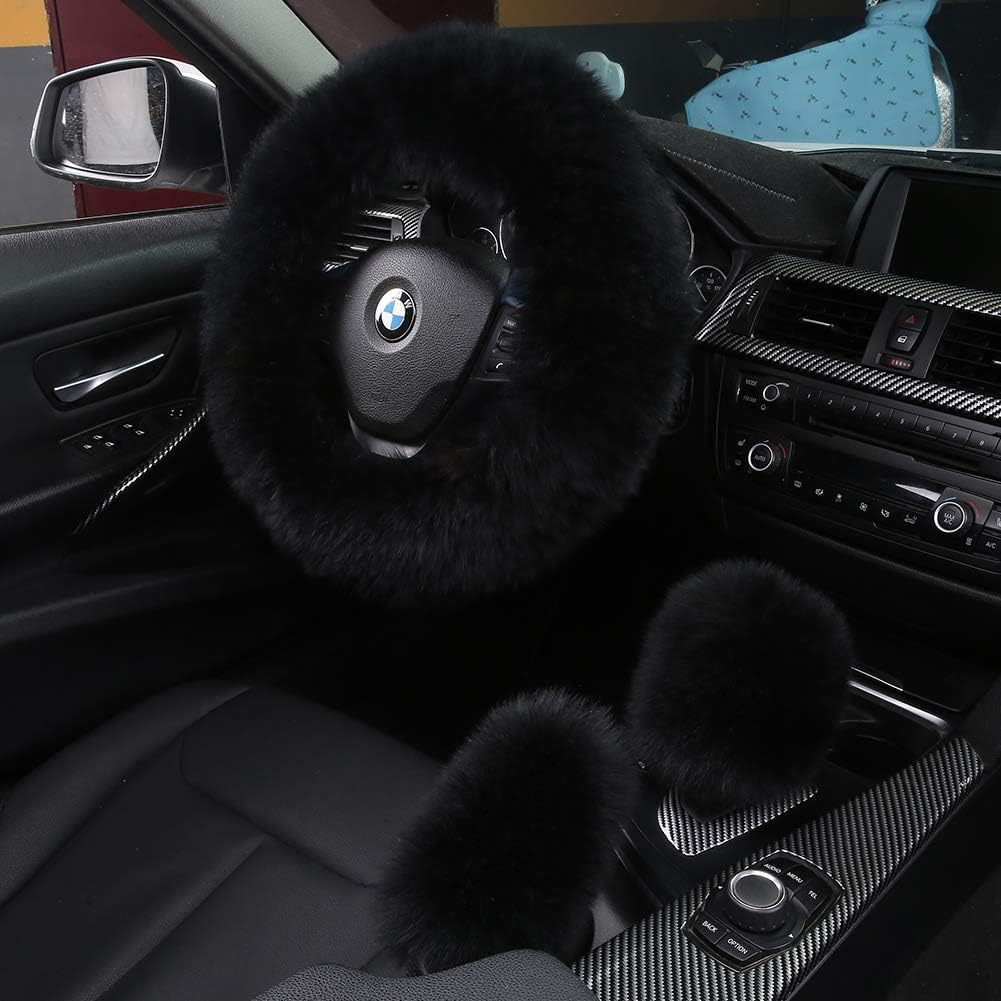 3Pcs Set Fashion Fluffy Fuzzy Wool Fur Soft Steering Wheel Cover with Handbrake Cover & Gear Shift Cover for Women/Girls/Ladies Car Decoration Long Wool Accessories (Black1)