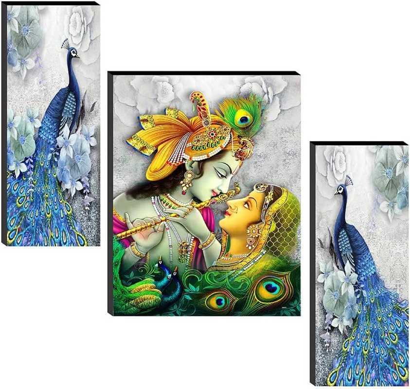 SAF Religious 'Radha Krishna with Couple Peacock ' Abstract Wall Painting Frame - JM31084 (Multicolour, 12 Inch X 18 Inch, Standard) - Set of 3 image number 1