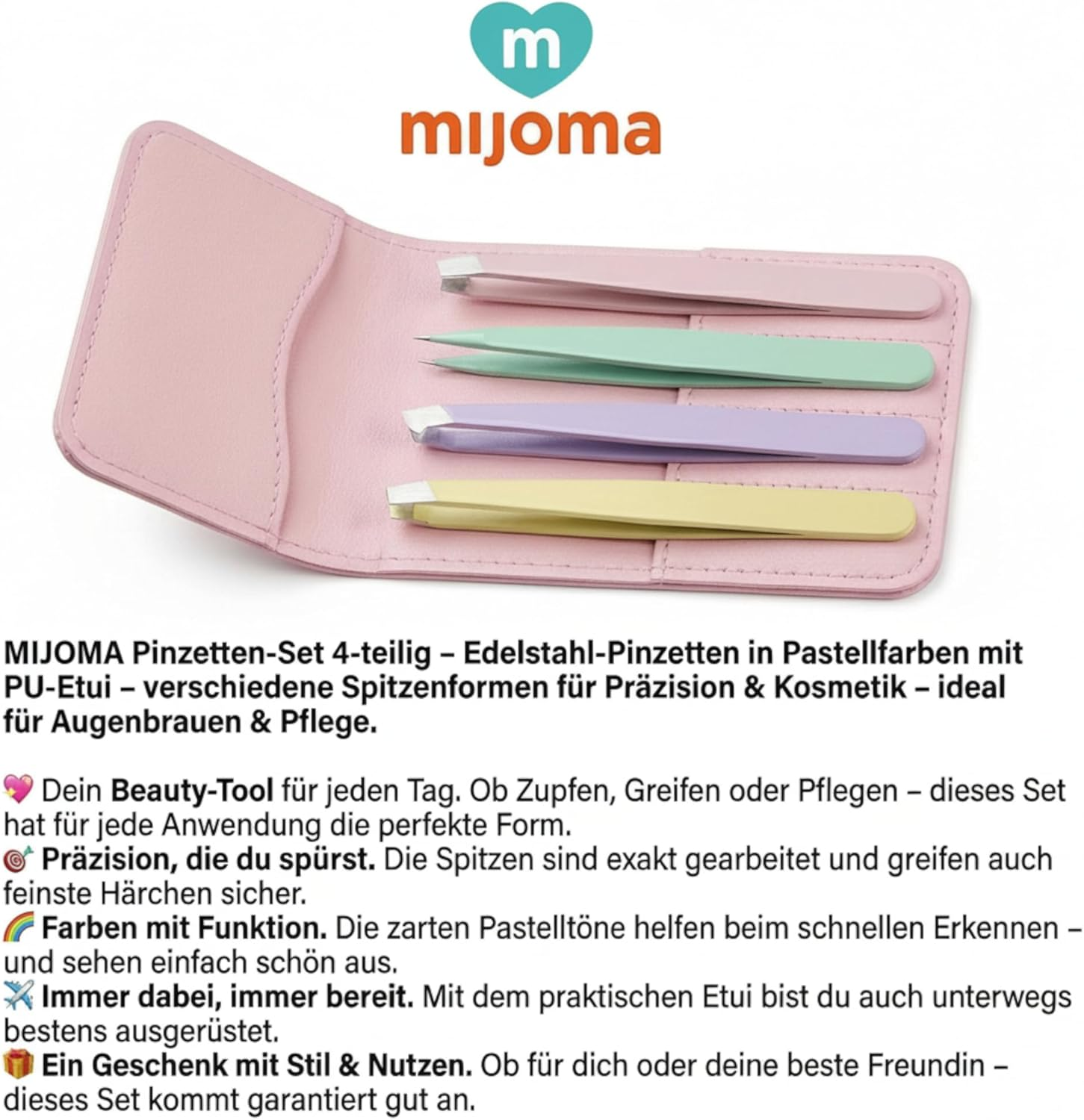 MIJOMA Tweezers Set of 4 - Stainless Steel Pastel Tweezers with PU Case - Assorted Tip Shapes for Precision & Cosmetics - Ideal for Eyebrows & Grooming image number 3