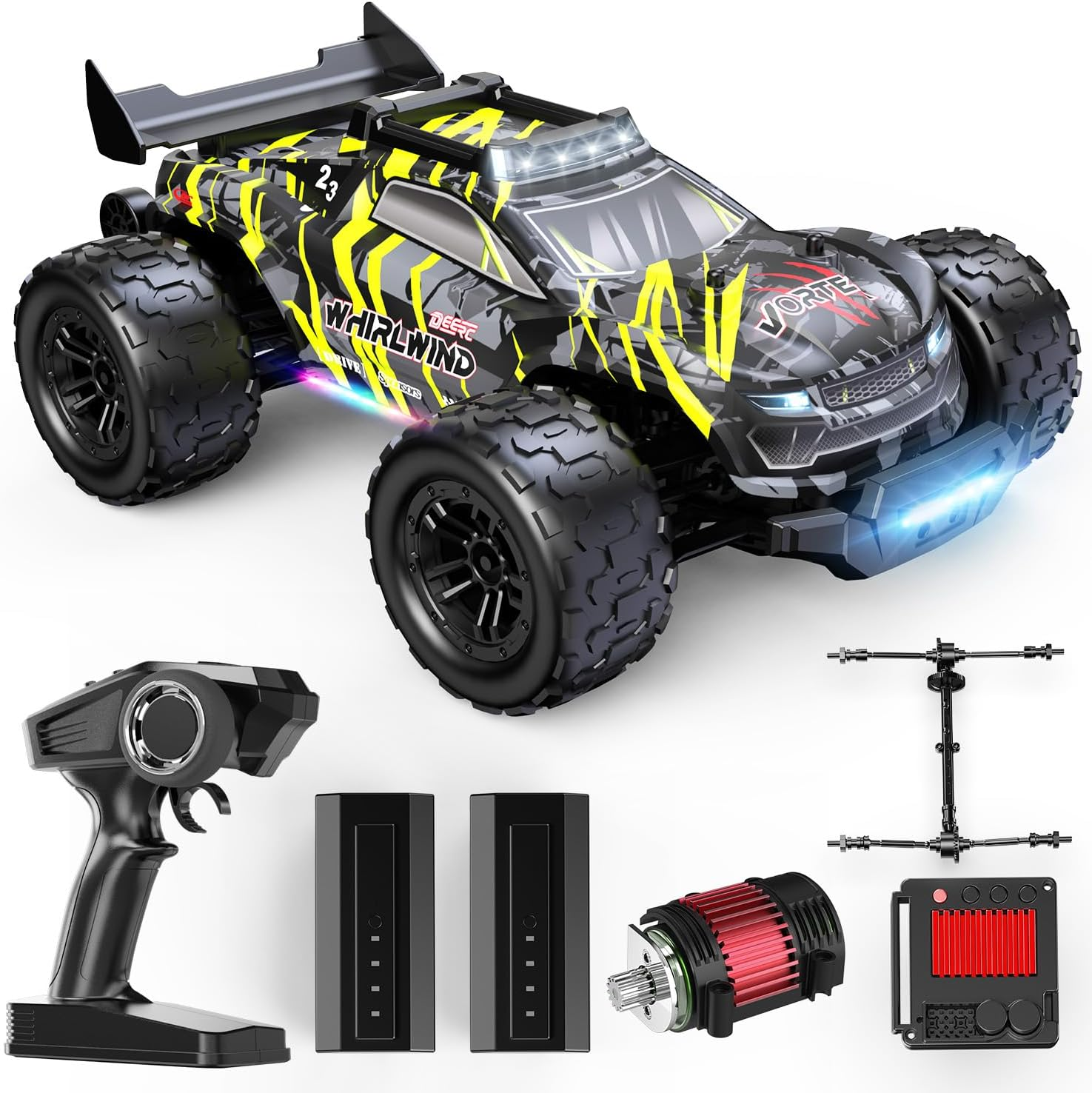 DEERC 1:14 Brushless RC Car for Adults, 43MPH 4WD Off-Road RC Truck with 7-Color LED Lights, Metal Oil Shocks, 2&times;7.4V High-Capacity Batteries, All-Metal Drivetrain, 3 Light Modes, 3S Lipo Compatible