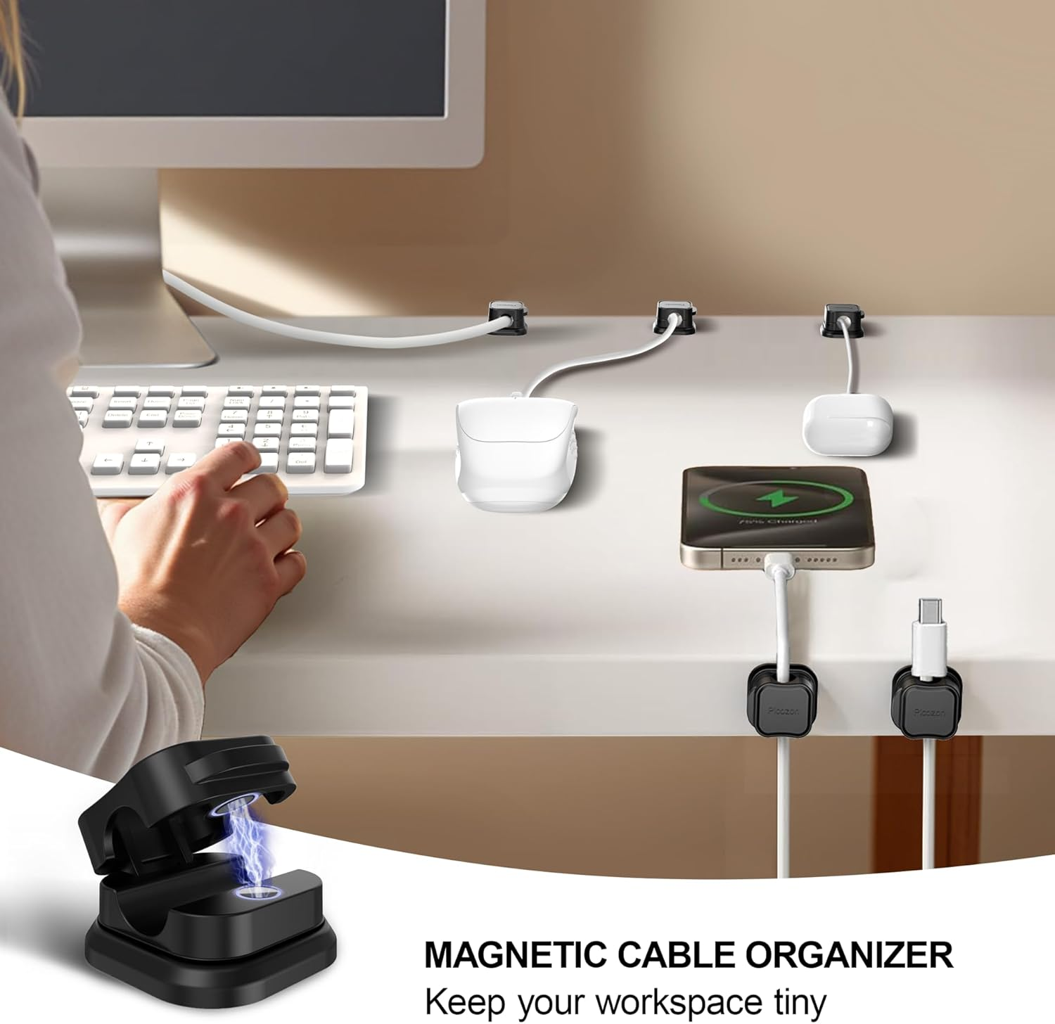 6 Pack Magnetic Cable Clip Organizer Cord Holder, Picozon Adhesive Cable Management, Wire Phone USB Charger Cable Holder Keeper Organizer for Car, Office Home Desktop, Wall, Night Table, Black image number 4