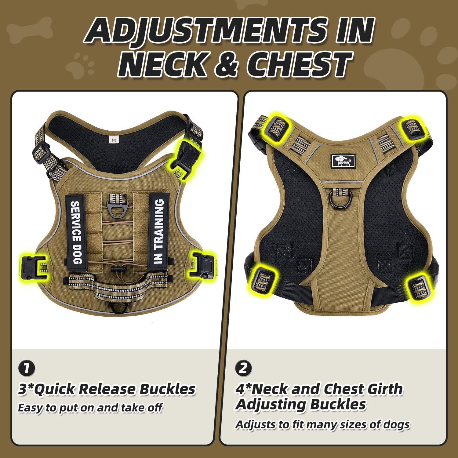 Slowton No Pull Tactical Dog Harness, Adjustable Dog Vest with 3 Buckles, 2 D-Rings & Padded Handle, Easy to Put On, Reflective Pet Harness with Molle System for Dogs Outdoor Walking Training image number 5