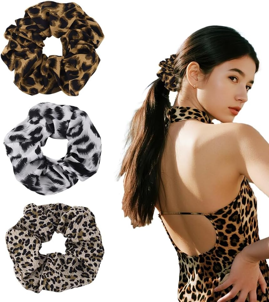 Vintage Leopard Print Scrunchie Set - Soft Multi Colored Leopard Print Hair Ties for Girls Women Boho Elastic Satin Scrunchies Stretchy Hair Ties for Buns Ponytail Holders for Braids Scrunchies 3 Pcs image number 3