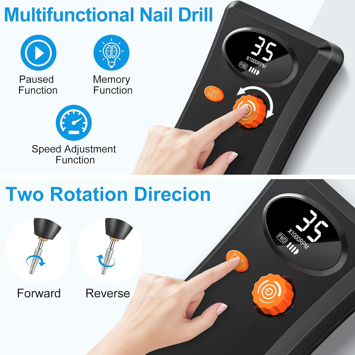 Electric Nail Drill, 35000RPM Professional Nail Drill Machine, Portable Rechargeable File Machine Set for Acrylic Gel Nails, Manicure Pedicure Tools for Home and Salon Use(Black) image number 1