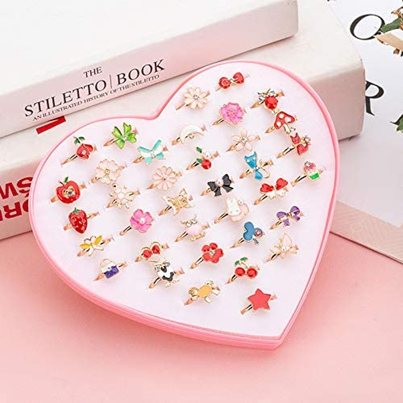 Fineder 36Pcs Children Kids Little Girl Gift, Jewelry Adjustable Rings in Box, Girl Pretend Play and Dress up Rings,Random Shape and Color, Little Girls Gift image number 2