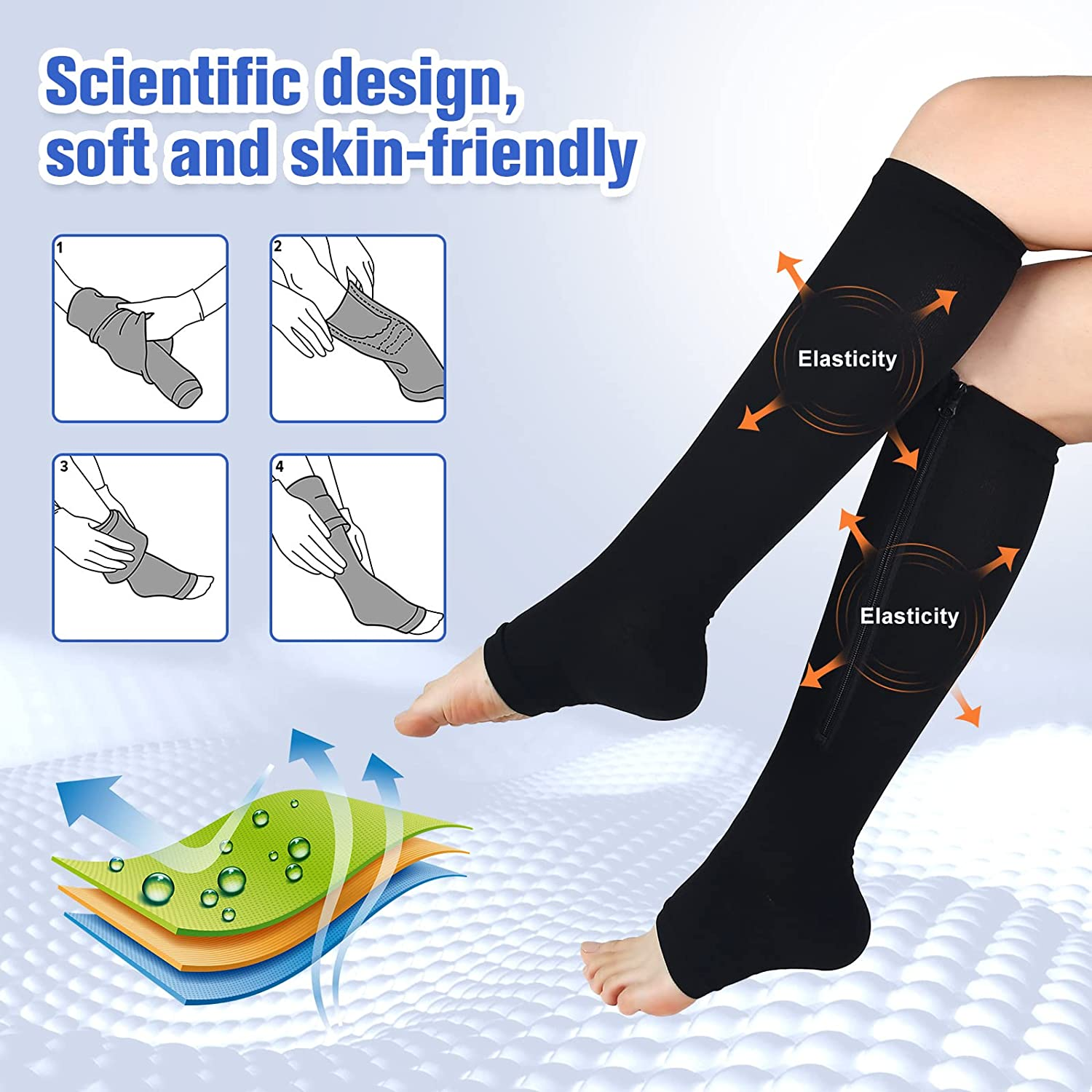 Zipper Compression Socks-2Pairs Calf Knee High Open Toe Compression Stocking image number 5